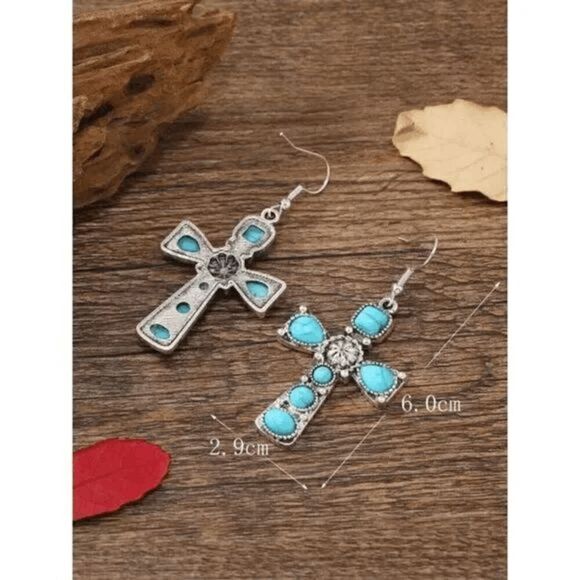 SILVER TURQUOISE WESTERN SOUTHWESTERN CROSS DANGLE EARRINGS - Picture 4 of 7
